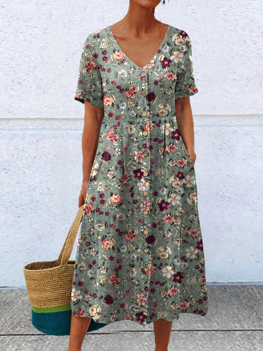 Women's Vintage Flower Print Linen Pocket Tunic Dress