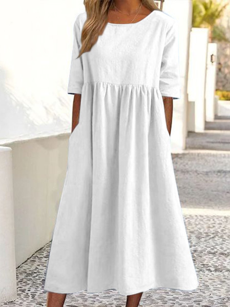 5-quarter Sleeve Casual Loose Solid Color Cotton and Linen Dress