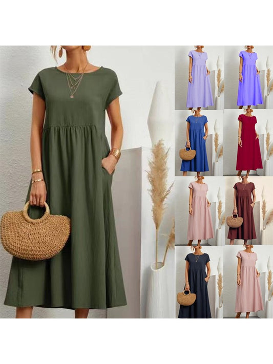 Women's Solid Color Cotton Linen Round Neck A-Line Dress