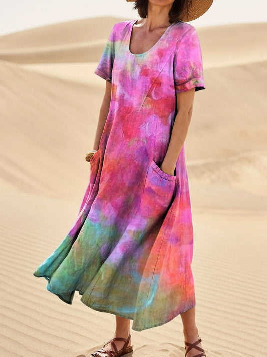 Women's Flowers Gradient Texture Linen Pocket Dress