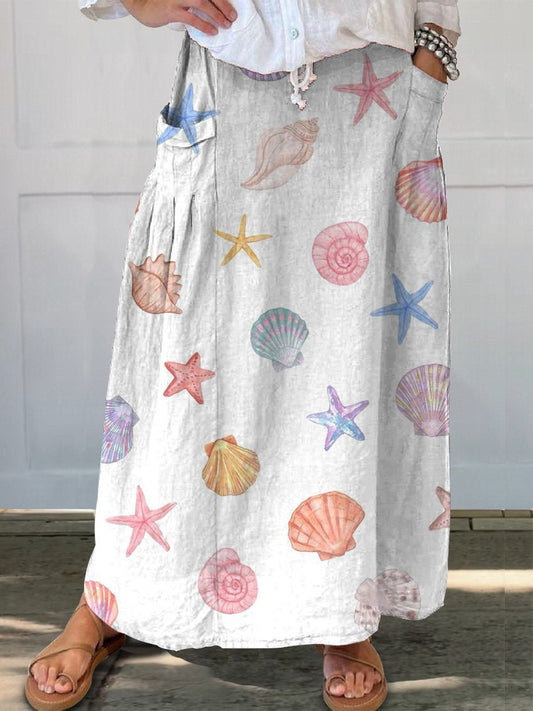 Summer Vibe Sea Shell Repeat Pattern Printed Women's Linen Pocket Skirt