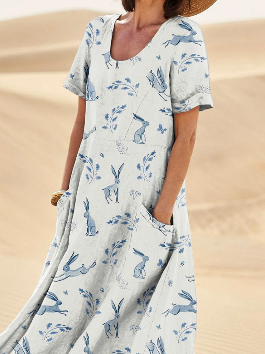 White Bunny In Spring Field Repeat Printed Women's Linen Pocket Dress