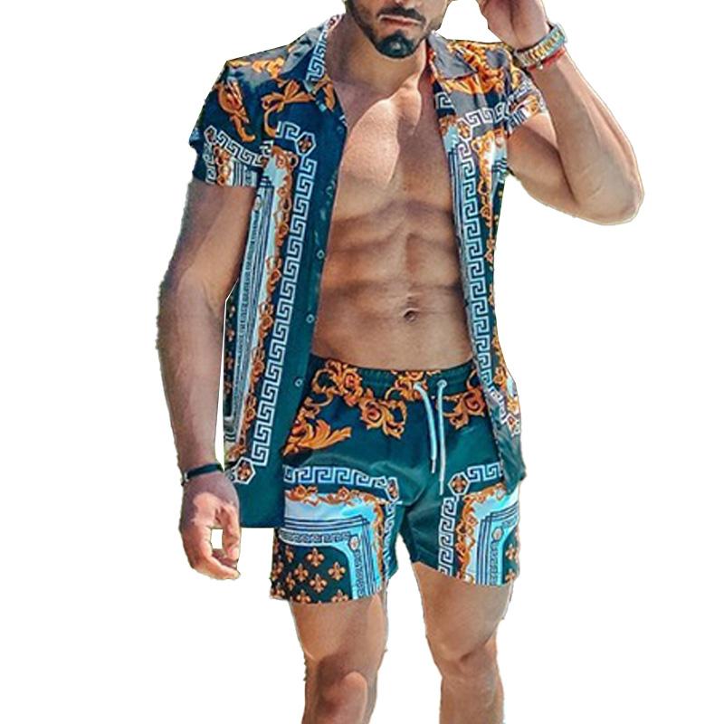 Men's Beach Loose Short Sleeve Shirt Casual Shorts Set 72202564YM