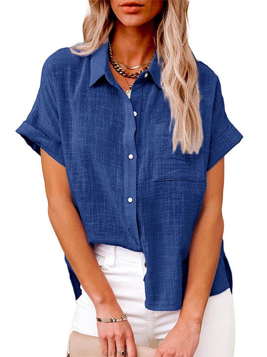 Women's Solid Color Button Down Short Sleeve Shirt