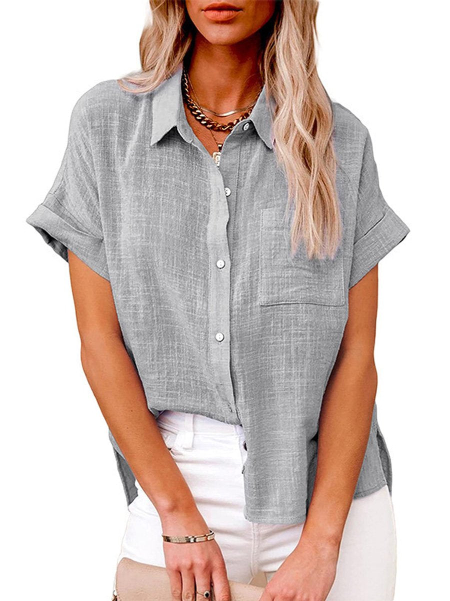 Women's Solid Color Button Down Short Sleeve Shirt