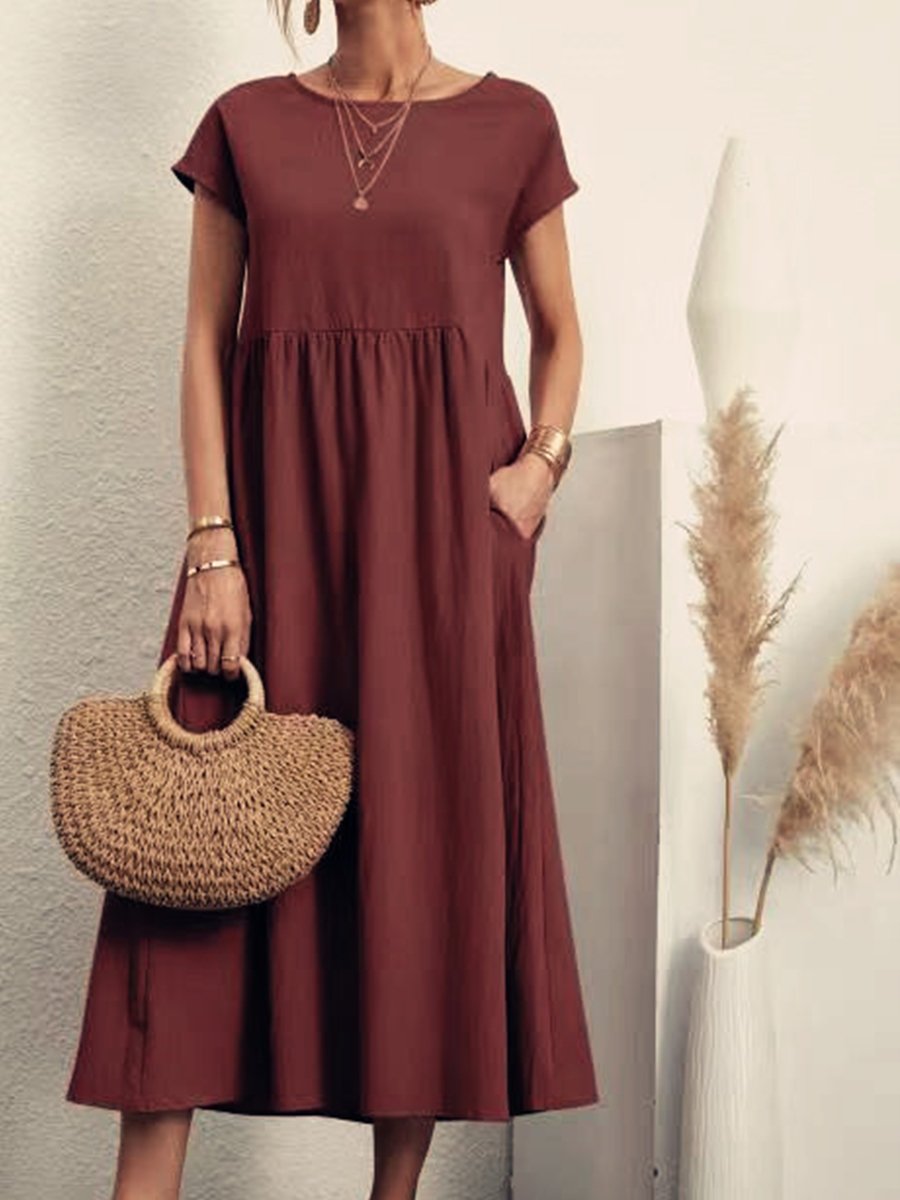 Women's Solid Color Cotton Linen Round Neck A-Line Dress