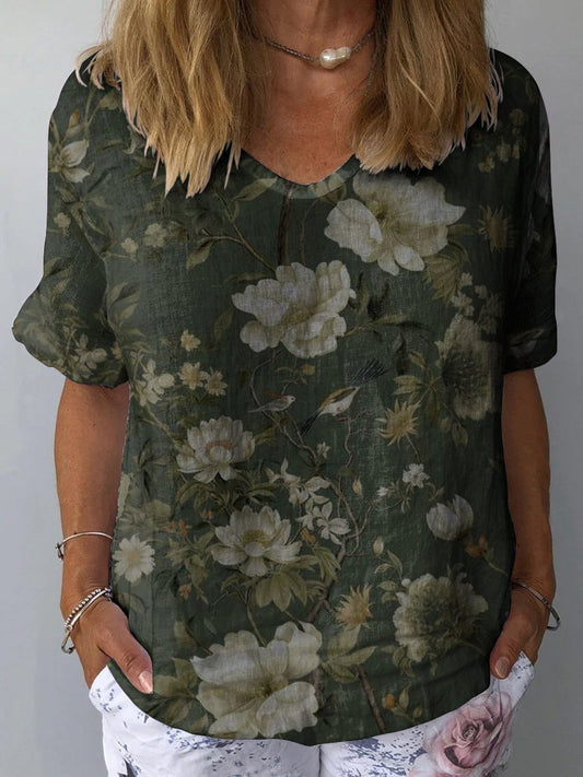 Dark Green Floral Print Women's Print Casual Cotton And Linen Shirt