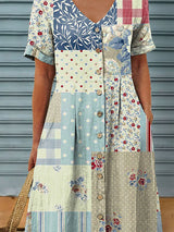 Women's Vintage Elegant Floral Art Pattern Print Casual Linen Pocket Tunic Dress