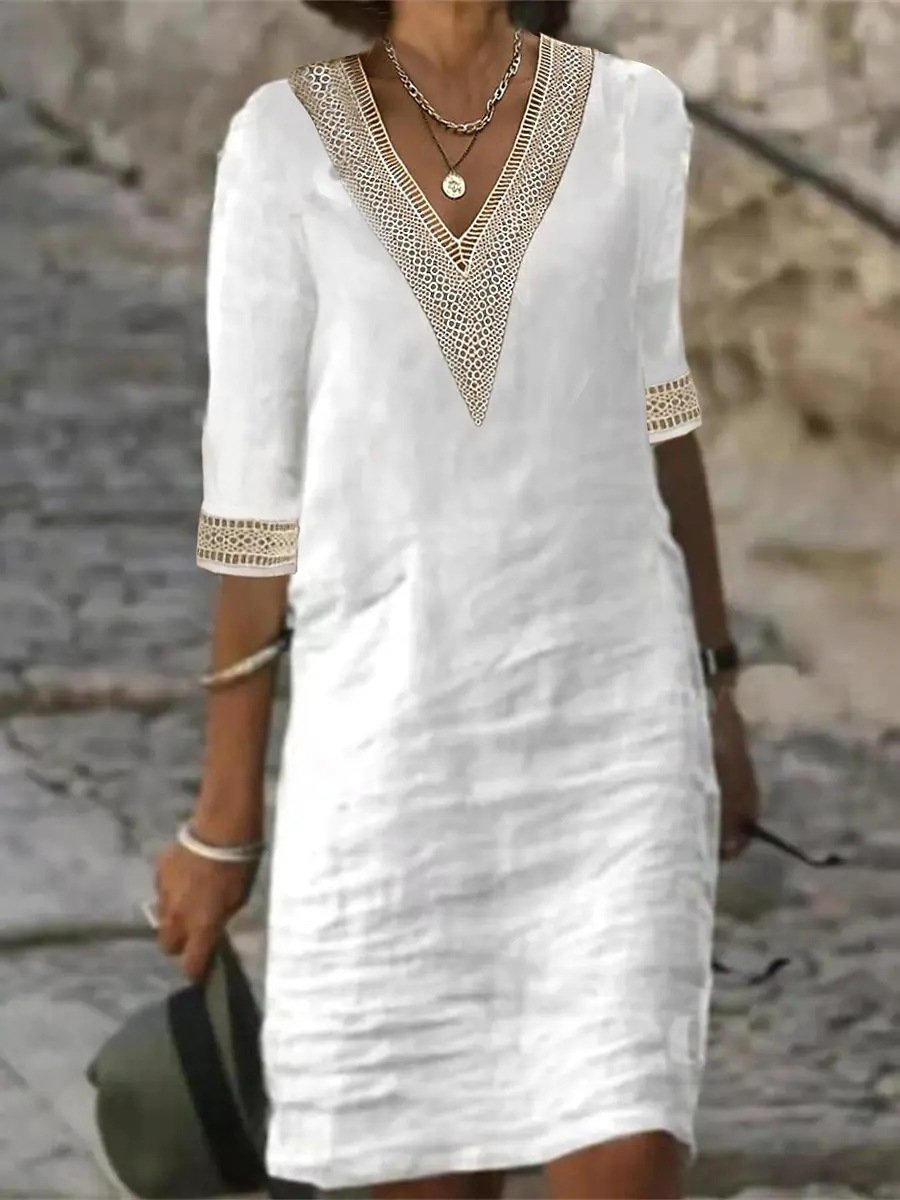 V-neck Mid-sleeved Cotton and Linen Casual Dress