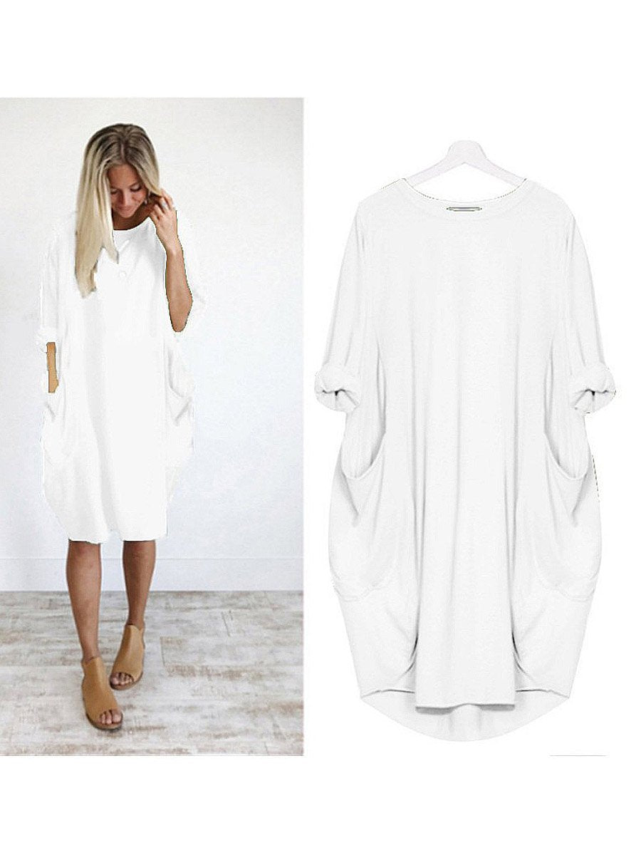 Women's Solid Color Loose Elegant Casual Long-sleeved Pocket Dress