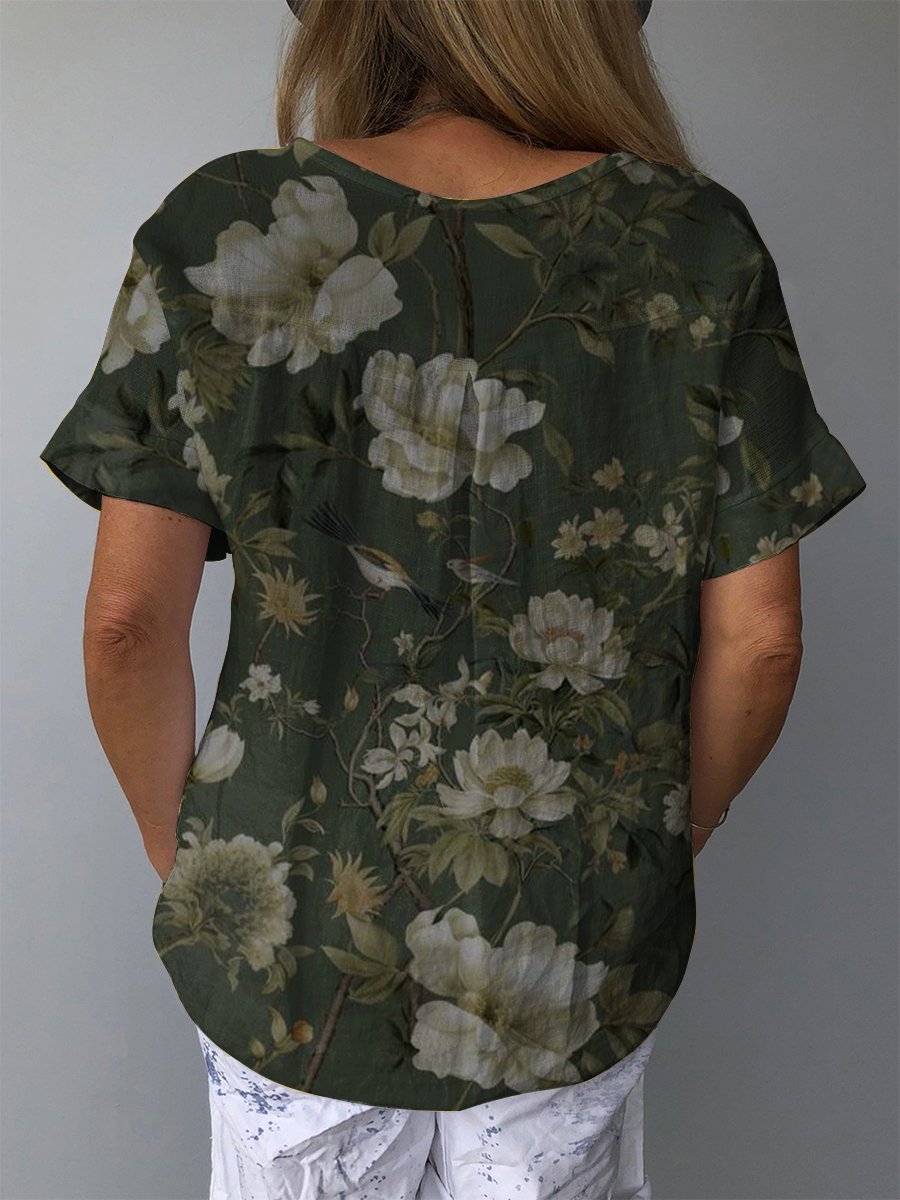 Dark Green Floral Print Women's Print Casual Cotton And Linen Shirt