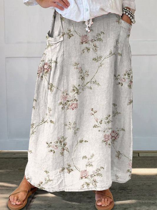 Elegant Vintage Rose Print Women's Linen Pocket Skirt