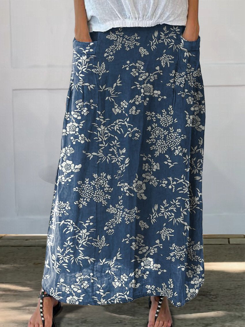 Batik Style Blue Floral Pattern Printed Women's Linen Pocket Skirt