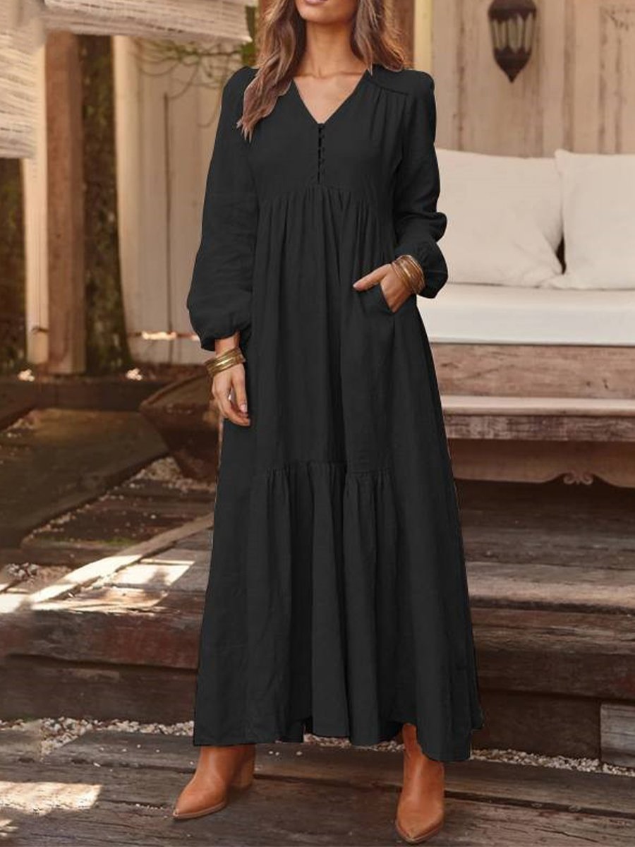 Cotton and Linen Retro Casual Long-sleeved Dress