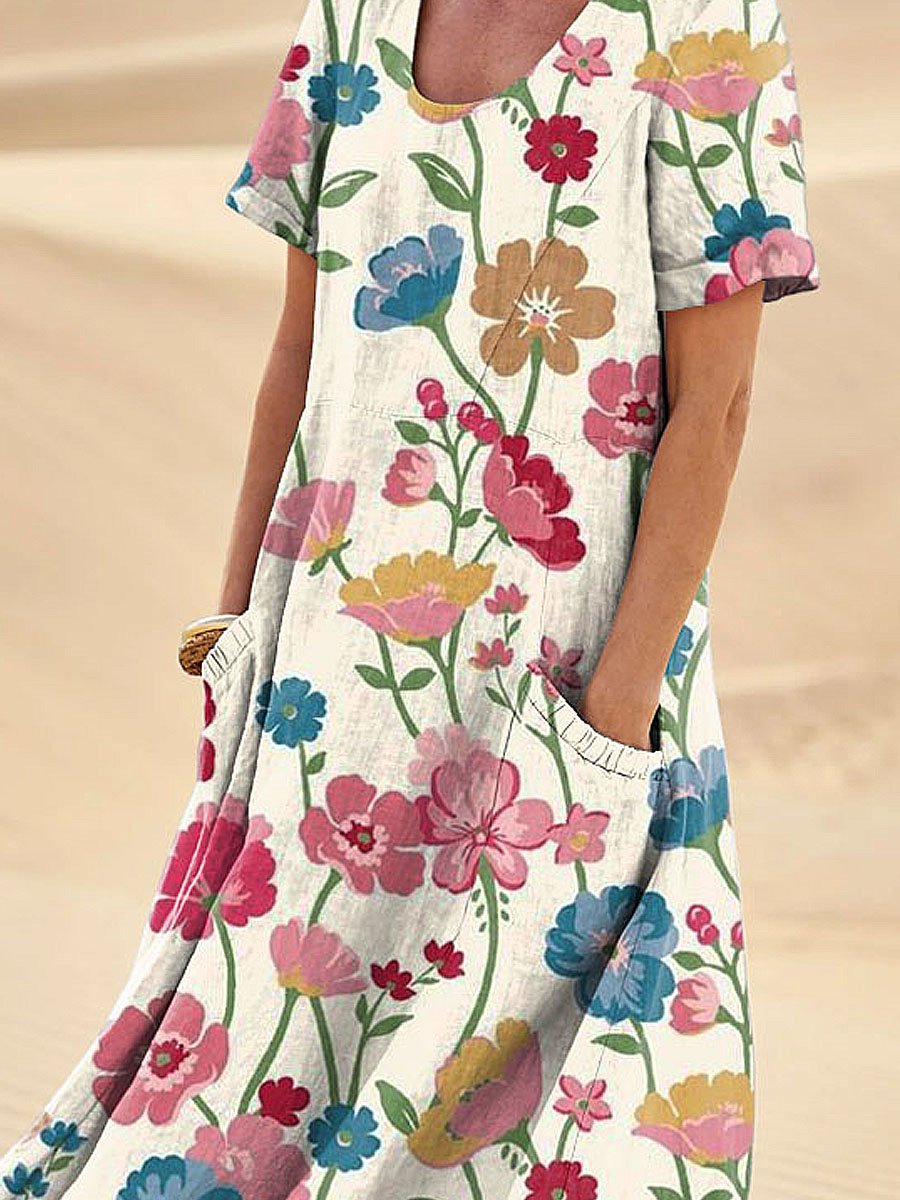 Women's Elegant Flowers Art Print Casual Linen Pocket Dress