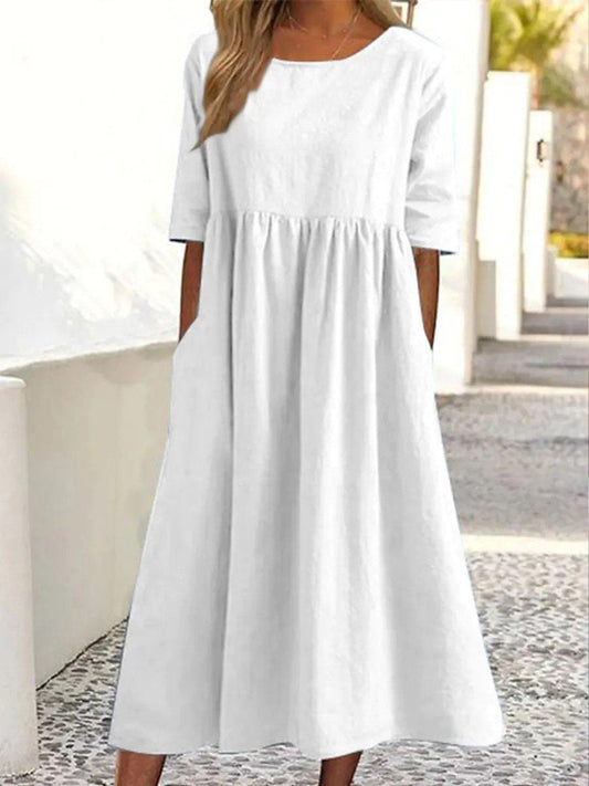 Cotton And Linen Casual Short Sleeve Pocket Pleated Loose Round Neck Dress