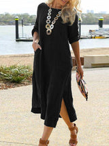 Women's Retro Solid Cotton Line Long Sleeve Dress