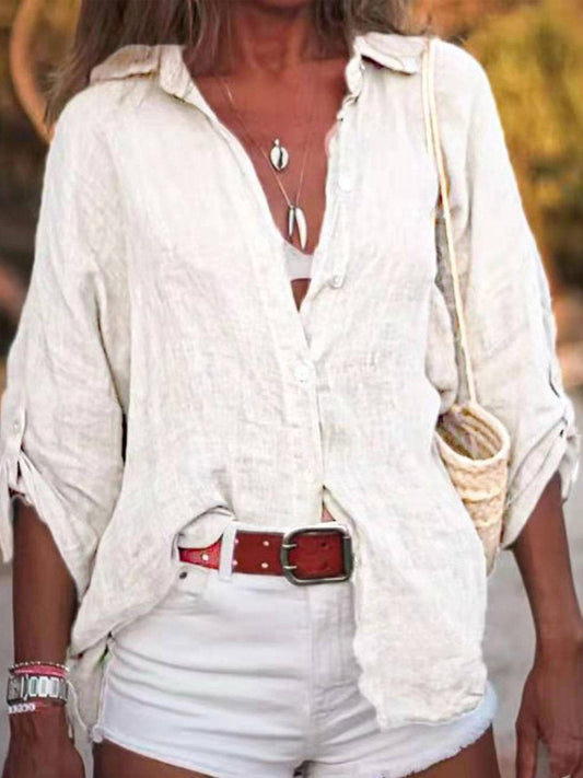 Women's Solid Color Cotton And Linen Loose Fit Shirt