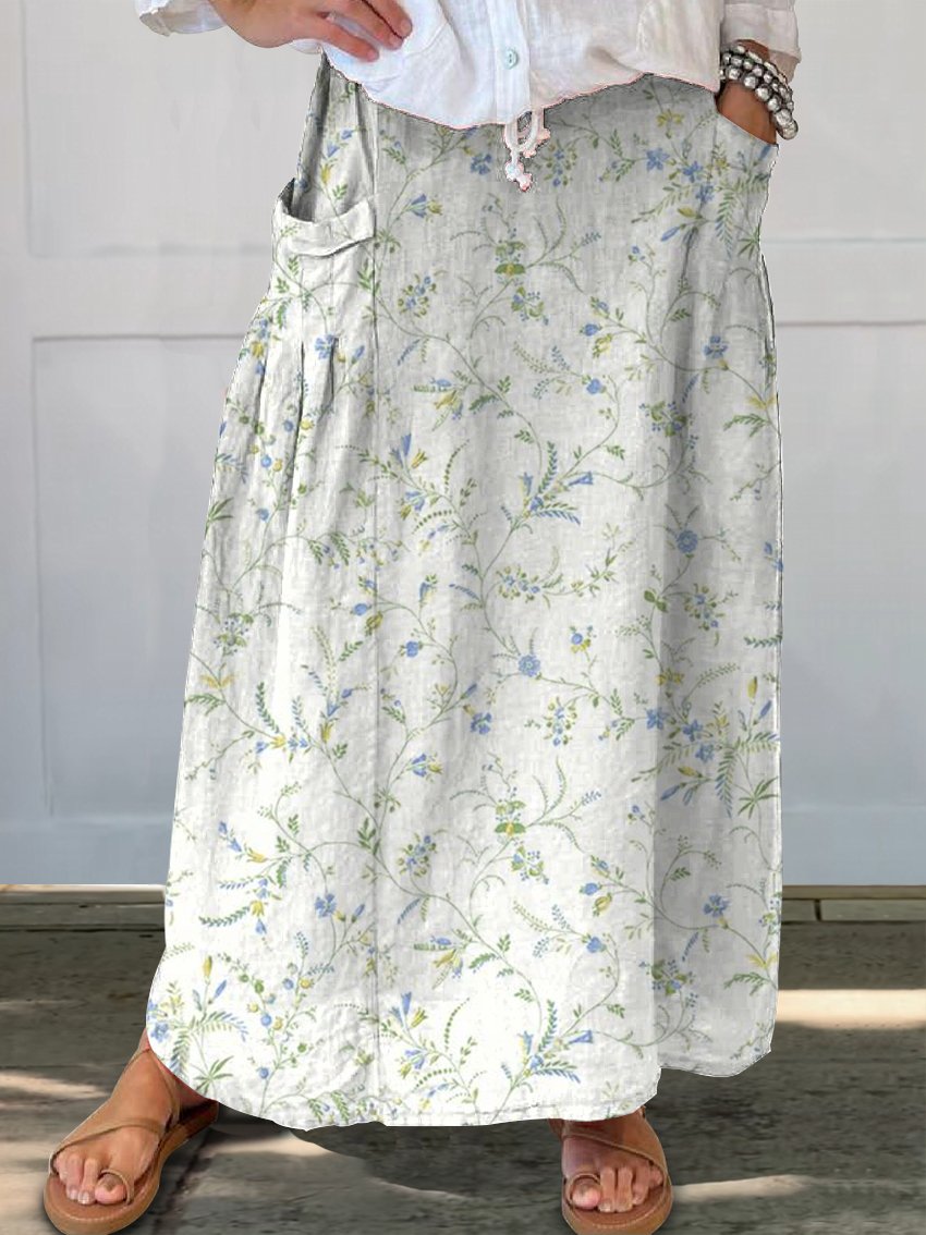 Blue Floret Print Women's Linen Pocket Skirt