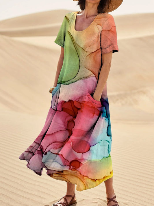 Multi-color Ink Print Women's Linen Pocket Dress