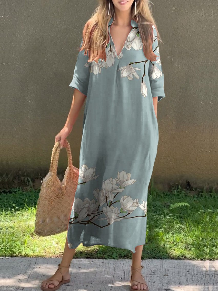 White Magnolia Floral Art Printed Women's V-Neck Linen Pocket Dress