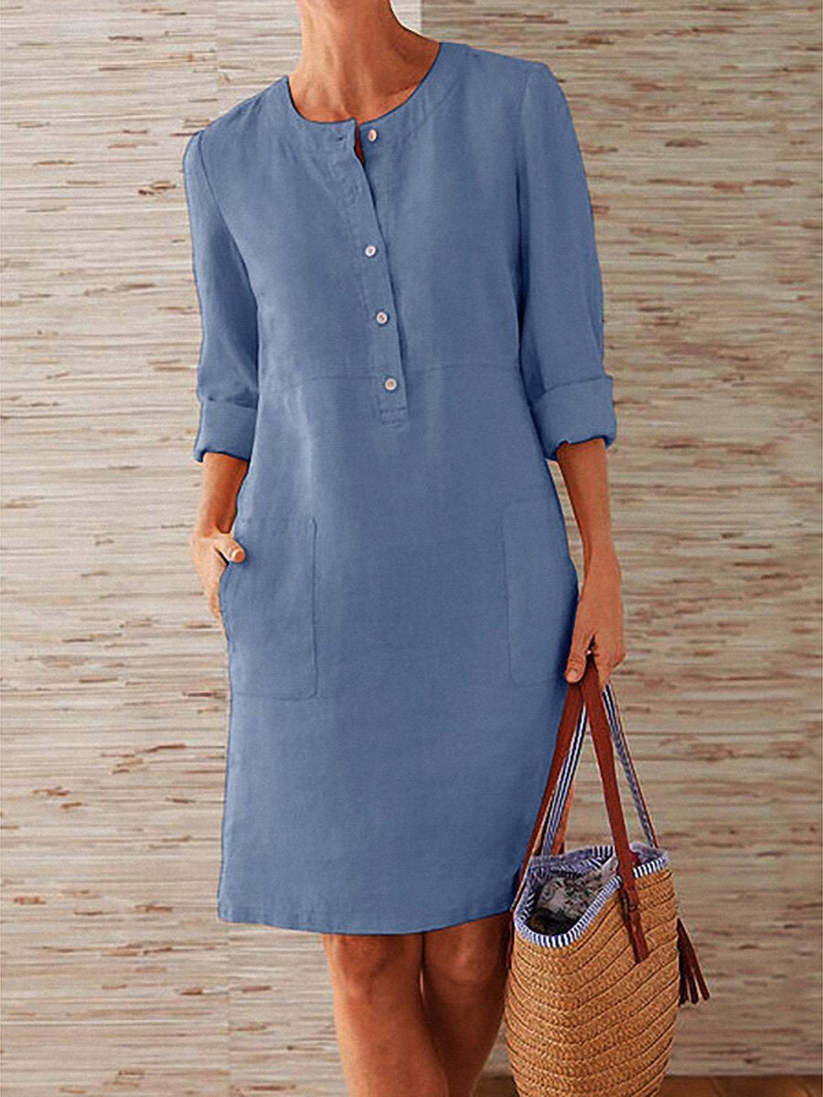 Spring Cotton And Linen Round Neck Long Sleeve Dress