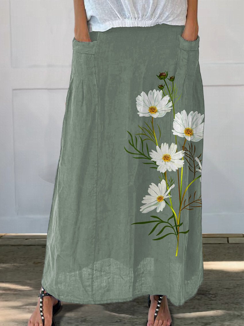 Spring White Daisy Floral Printed Women's Linen Pocket Skirt