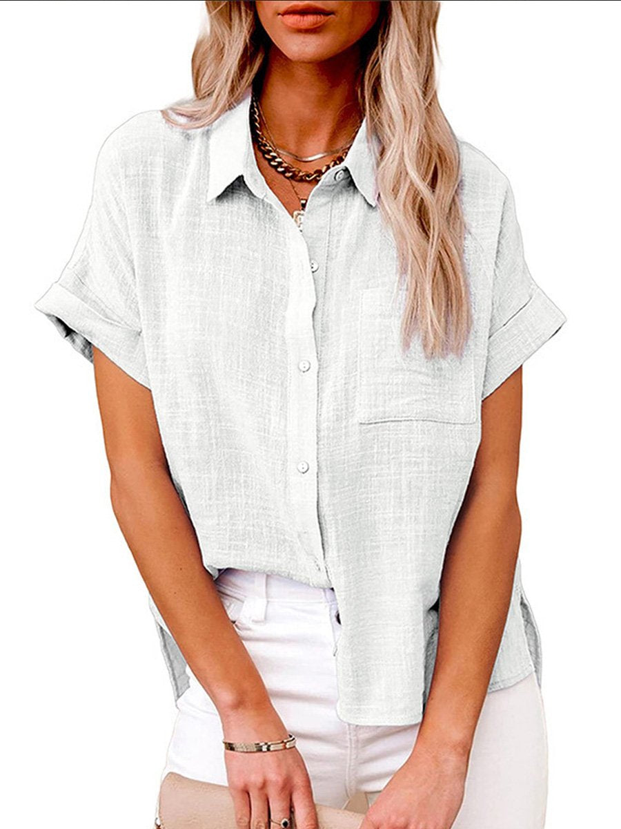 Women's Solid Color Button Down Short Sleeve Shirt