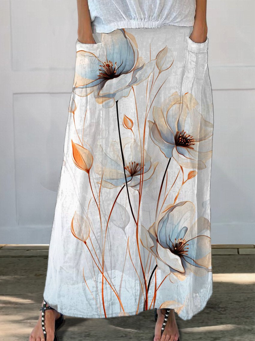 White Floral Art Printed Women's Linen Pocket Skirt