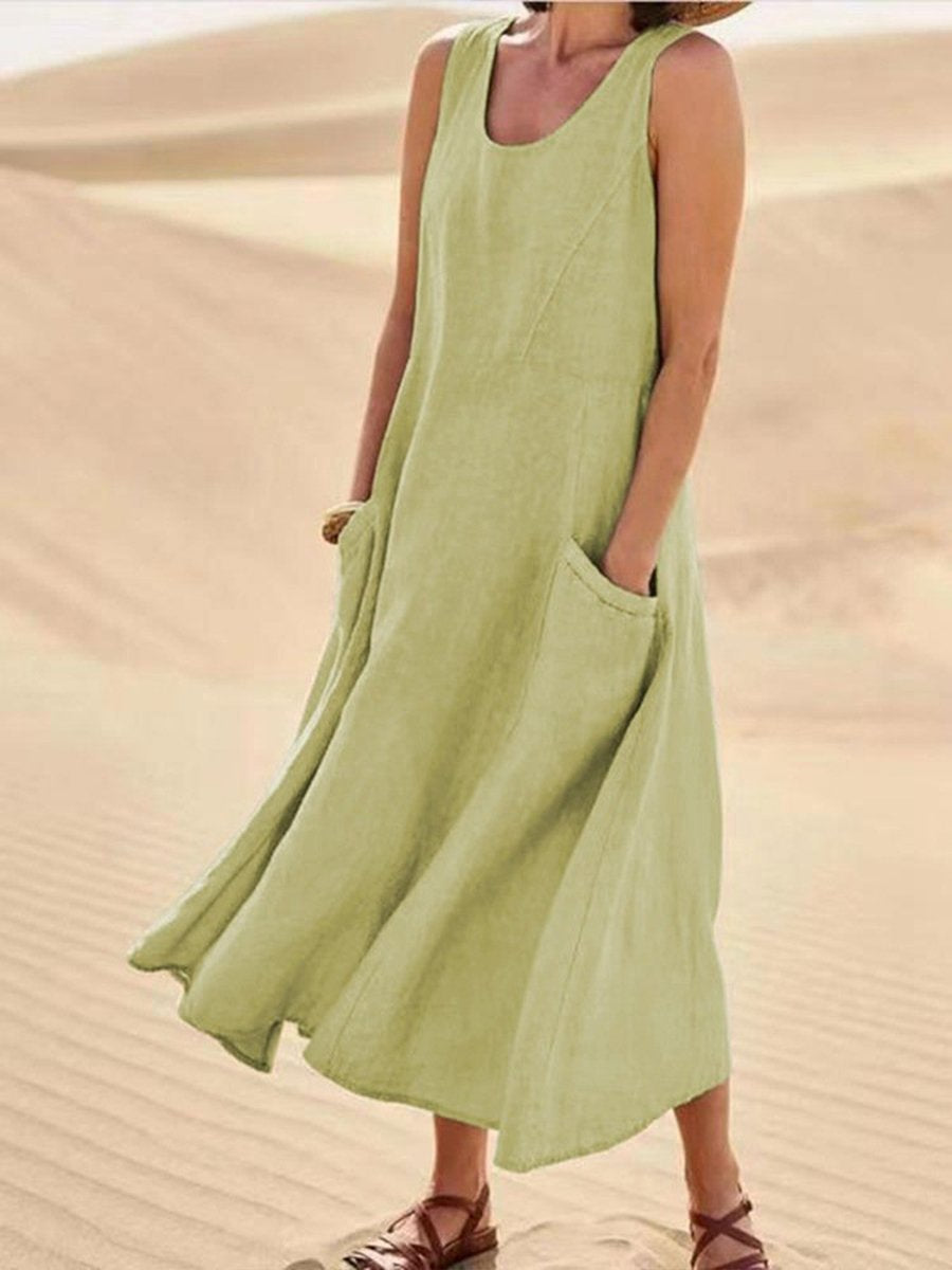 Women Sleeveless Sundress Elegant Round Neck Cotton Linen Solid Long Tank Casual Summer Dress