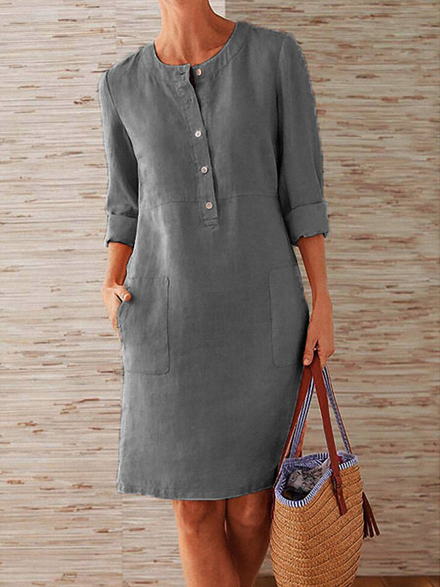 Spring Cotton And Linen Round Neck Long Sleeve Dress