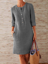Spring Cotton And Linen Round Neck Long Sleeve Dress