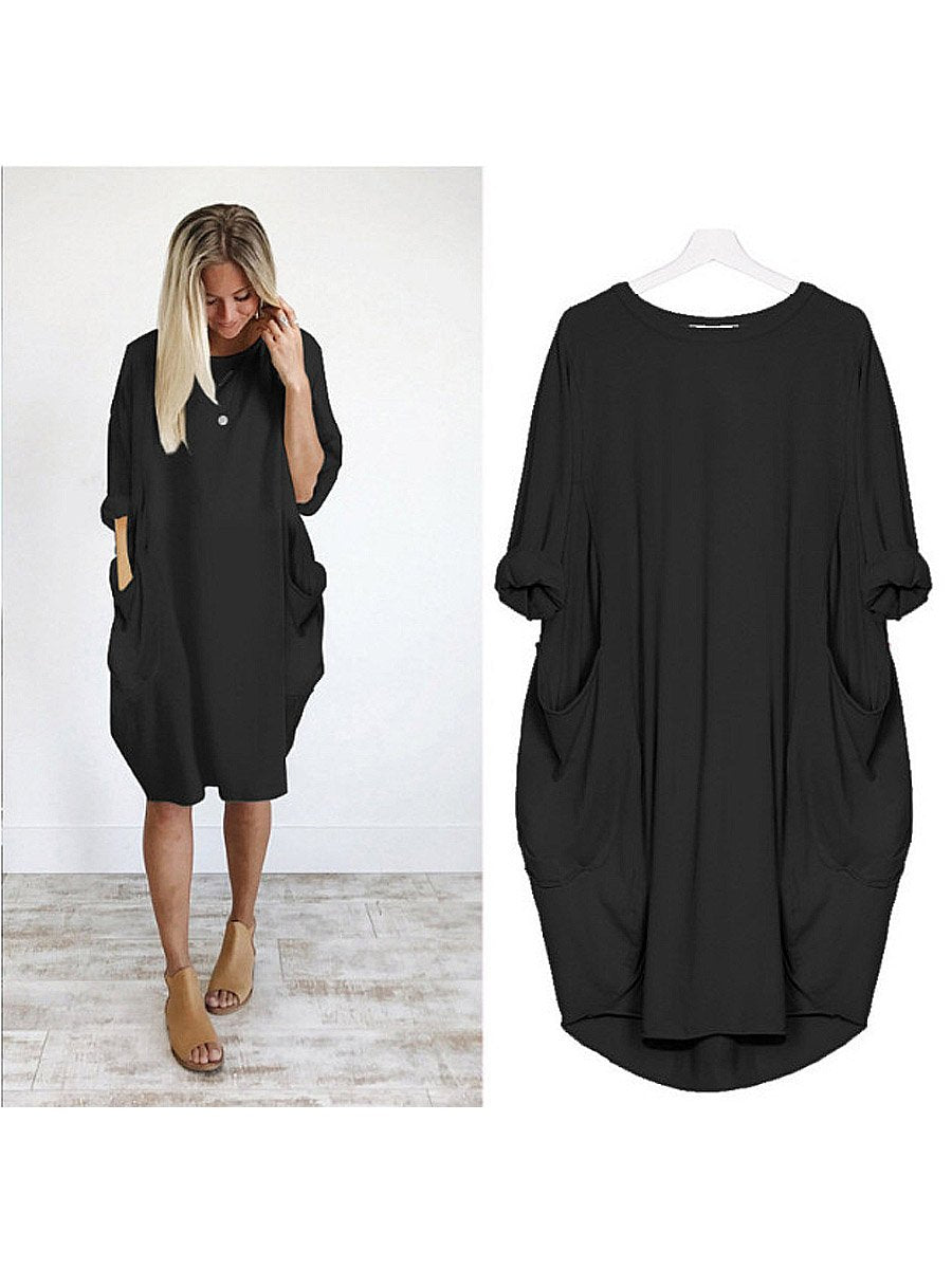 Women's Solid Color Loose Elegant Casual Long-sleeved Pocket Dress