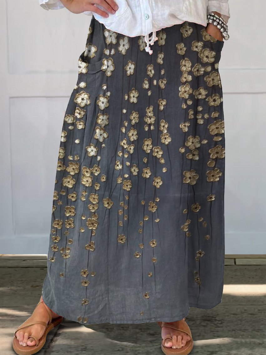 Gold Floral Print Women's Linen Pocket Skirt