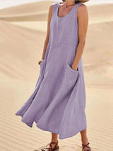 Women Sleeveless Sundress Elegant Round Neck Cotton Linen Solid Long Tank Casual Summer Dress