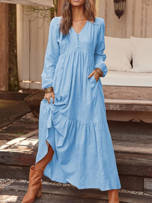 Cotton and Linen Retro Casual Long-sleeved Dress