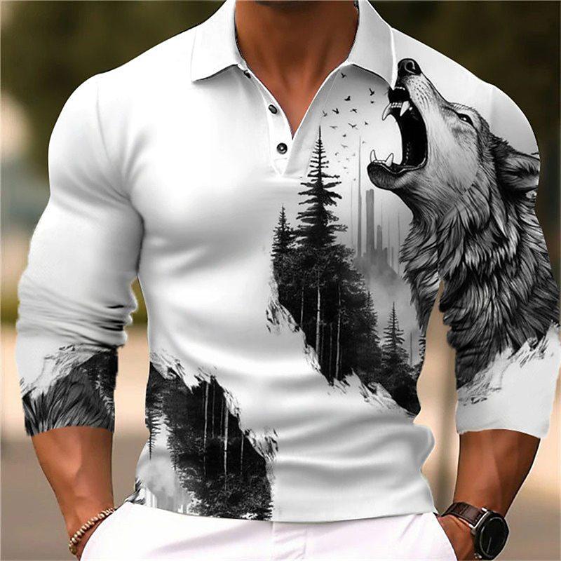 Men's Fashion Wolf 3d Printed Long Sleeve Polo Shirt