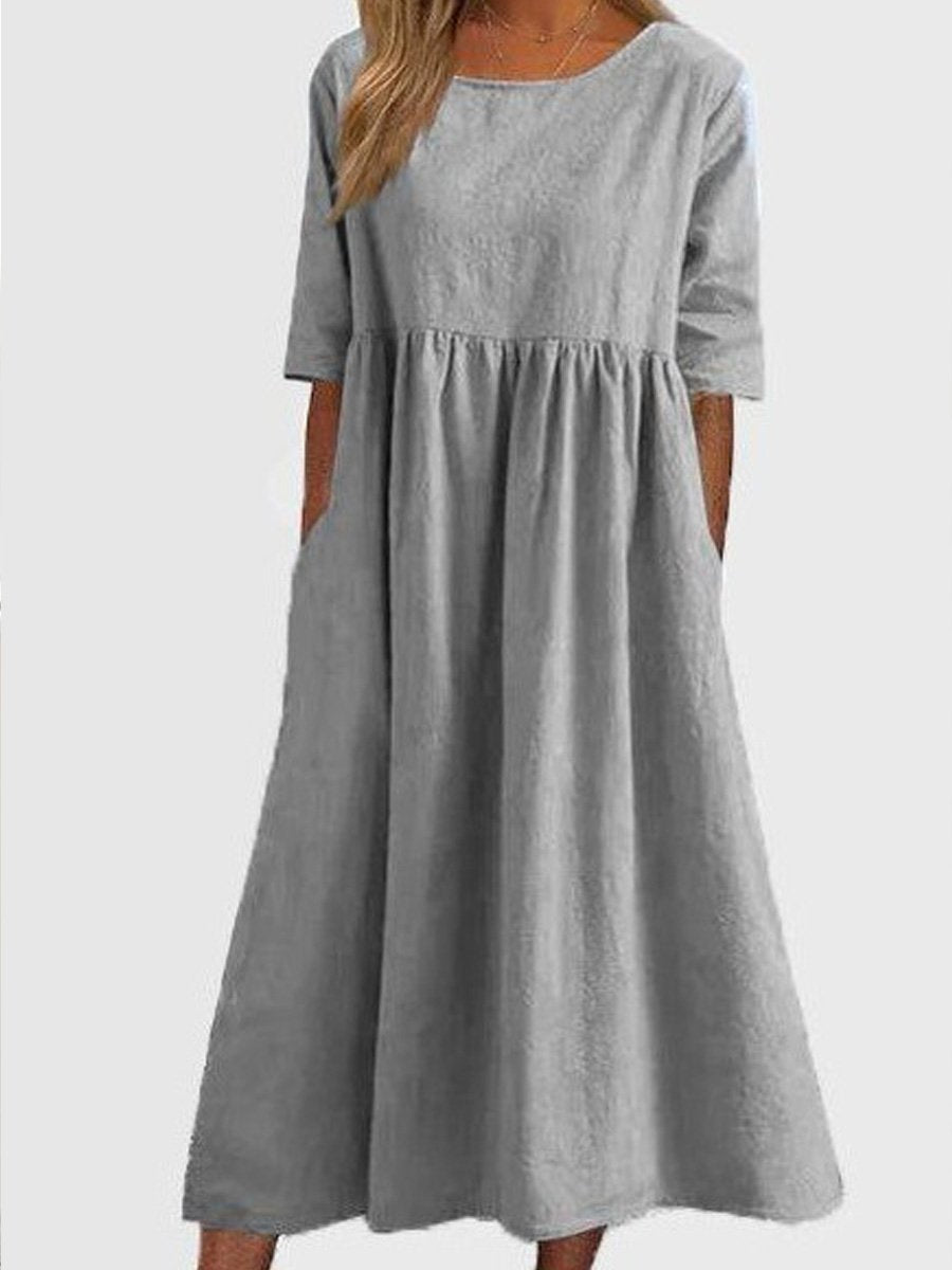 Cotton And Linen Casual Short Sleeve Pocket Pleated Loose Round Neck Dress