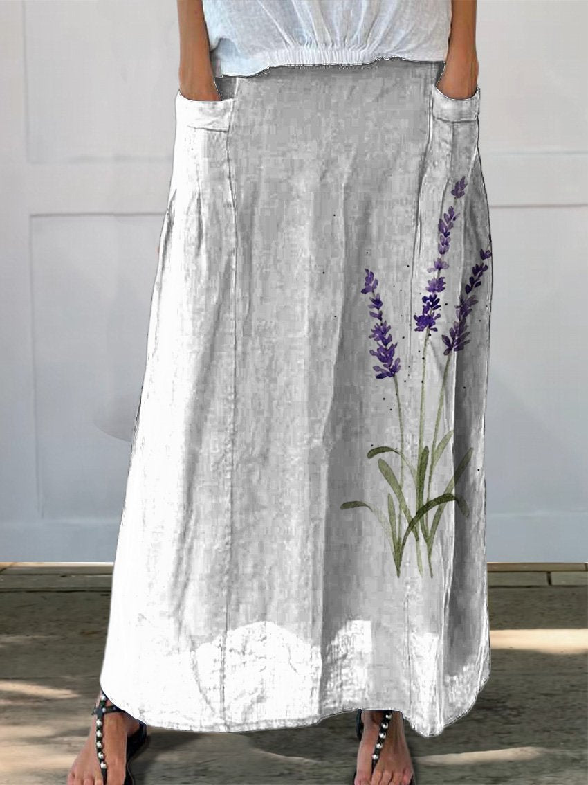 Watercolor Lavender Floral Printed Women's Linen Elastic waistband Pocket Skirt