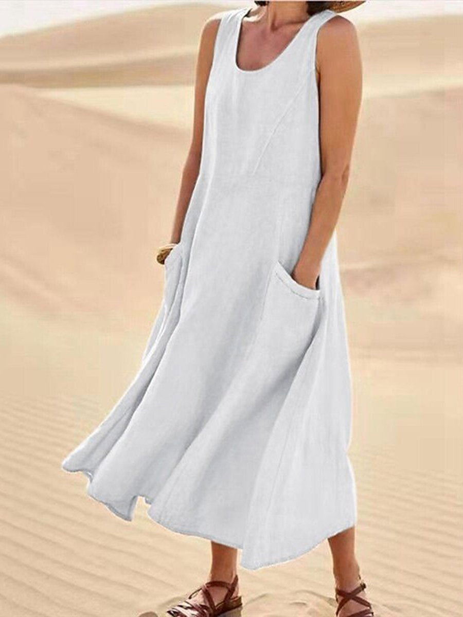 Women Sleeveless Sundress Elegant Round Neck Cotton Linen Solid Long Tank Casual Summer Dress