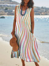 Colourful Wavy Print Womens Pocket Pinafore Linen Dress