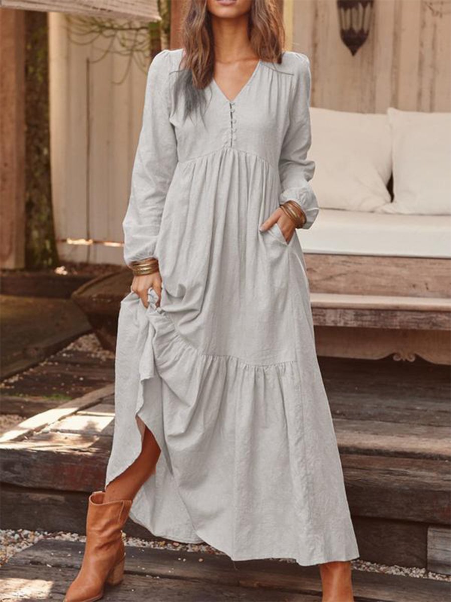 Cotton and Linen Retro Casual Long-sleeved Dress