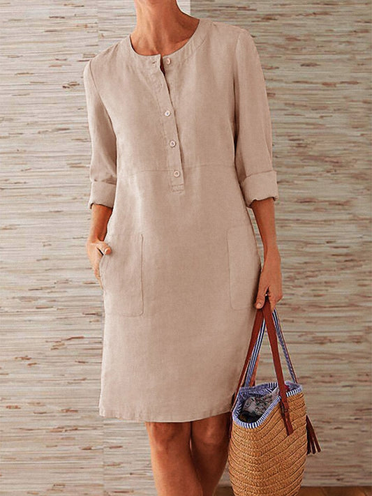 Spring Cotton And Linen Round Neck Long Sleeve Dress