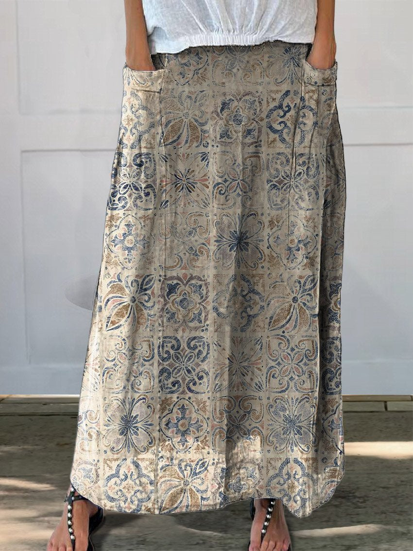 Women's Retro Floral Ethnic Art Print Casual Linen Pocket Skirt