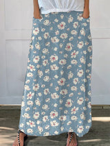 Ditsy White Floral Repeat Pattern Printed Women's Linen Pocket Skirt
