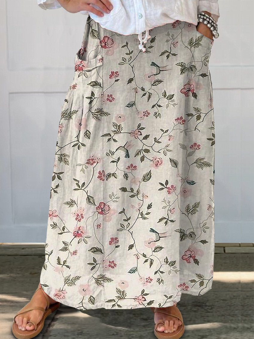 Spring Floral And Hummingbird Repeat Pattern Printed Women's Linen Pocket Skirt