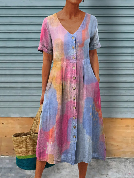 Women's Artistic Graffiti Colors Linen Pocket Tunic Dress