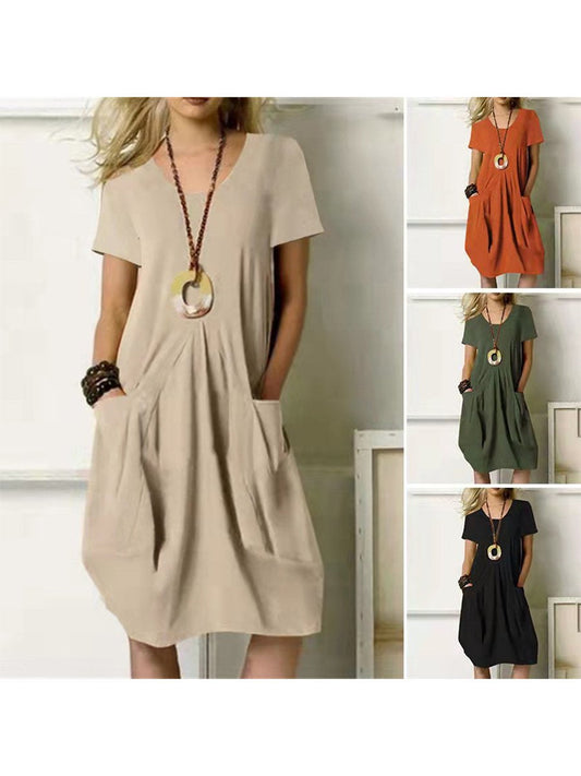 Women's Round Neck Cotton Linen Casual Dress