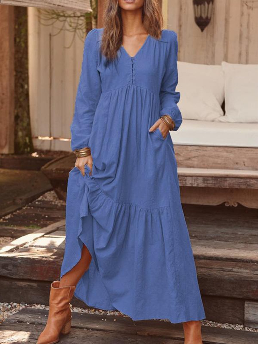 Cotton and Linen Retro Casual Long-sleeved Dress