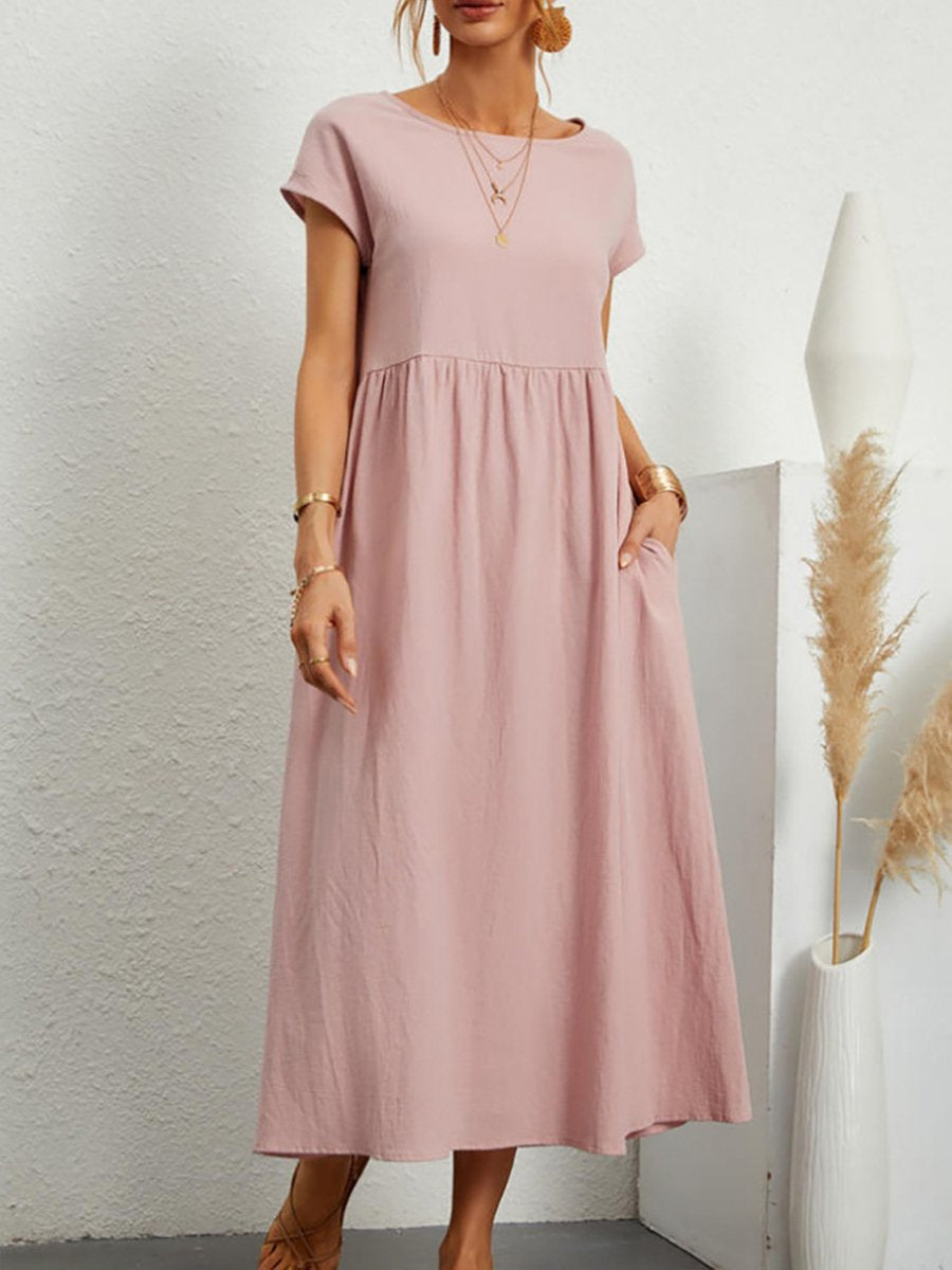 Women's Solid Color Cotton Linen Round Neck A-Line Dress